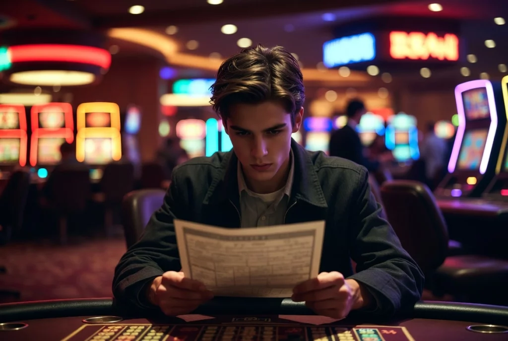 Player reading a document at the casino